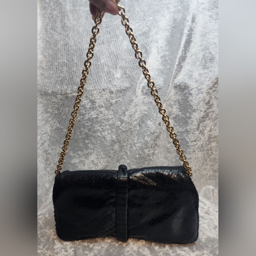 Henri Bendel Black Snake Leather Gold Chain Shoulder Clutch Bag - Picture 8 of 8